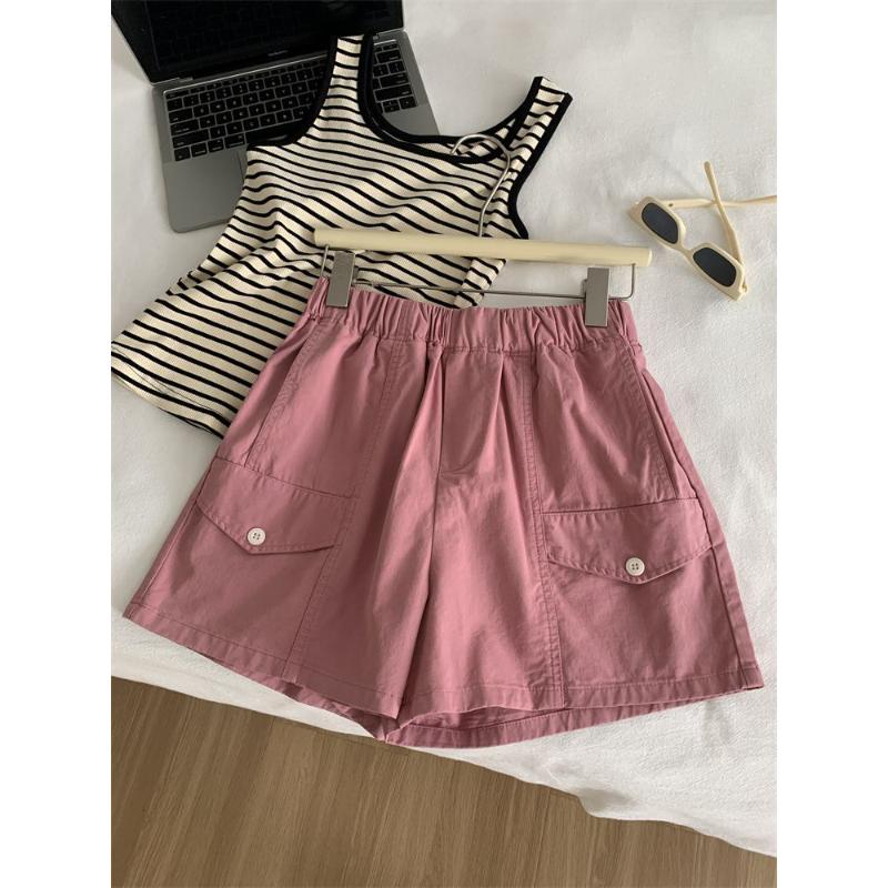 Women s Khaki Cargo Shorts Elastic Waist Side Pocket Loose Casual Daily Comfortable Shorts L