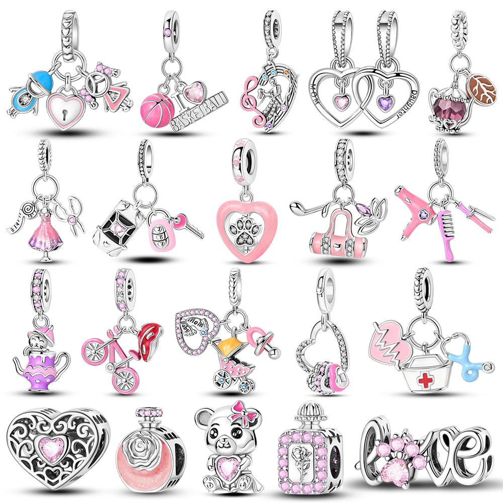 Pink Series Copper Plated Beads Heart Cat Bear Perfume Charms Fit Original Bangle Bracelet Pendants Fine Jewelry Gift