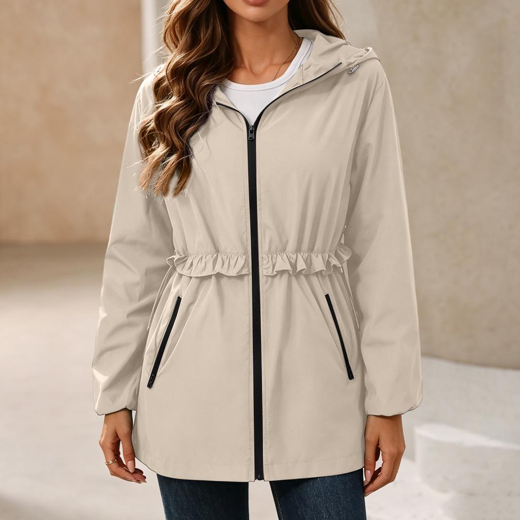 Wasserdichte Regenjacke für Damen mit Kapuze, Windjacke, Leichte, Wasserabweisende Jacke mit Taschen, Verstellbare Taille für Outdoor-Aktivitäten