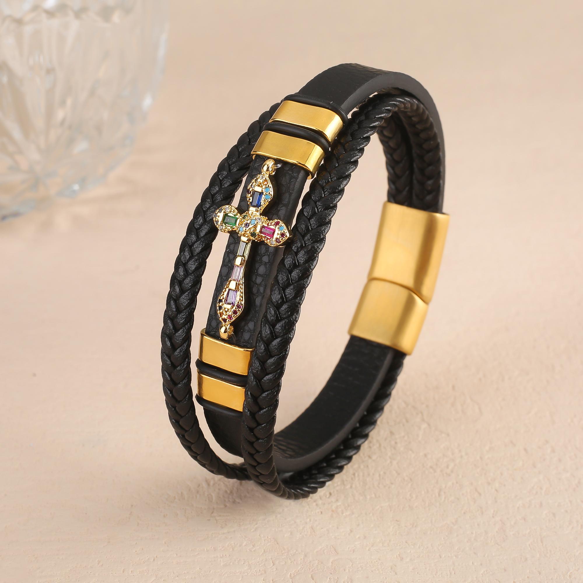 

High Quality Cross Zirconia Accessories Leather Braided Men S Cuff Bracelet Fashion For Women Religious Stainless Steel Zircon 19cm золотой