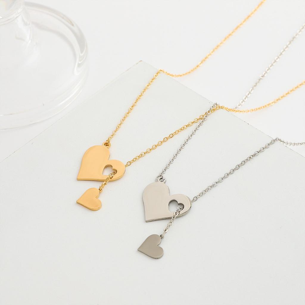 Double Heart Lariat Necklace Silver Tone Cutout Heart Pendant Y Shaped Chain for Women