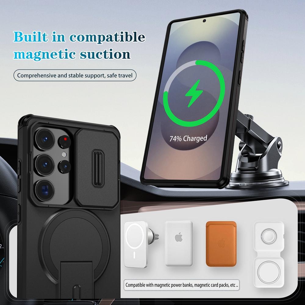Armor Slide Camera Lens Case For Samsung Galaxy S26 S25 S24 S23 S22 Ultra Plus Magnetic Car Mount Foldable Kickstand Cover