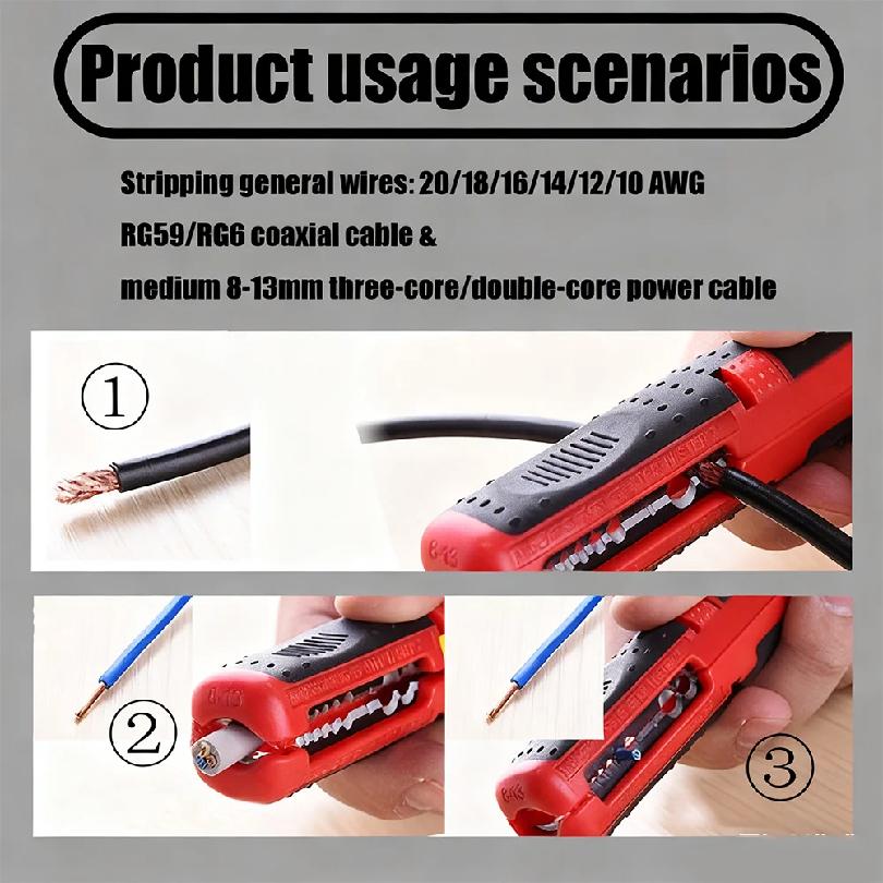 Portable Multifunctional Wire Stripper and Cutter Steel Construction Non Slip Handle Red Black Design with Clip for Easy Carry