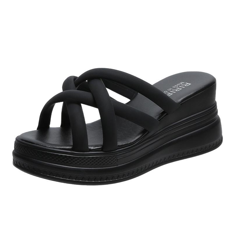 

Wedge heel slippers women s European and American style summer new cross belt muffin bottom one word fish mouth high heel slippers women s 34 чёрный