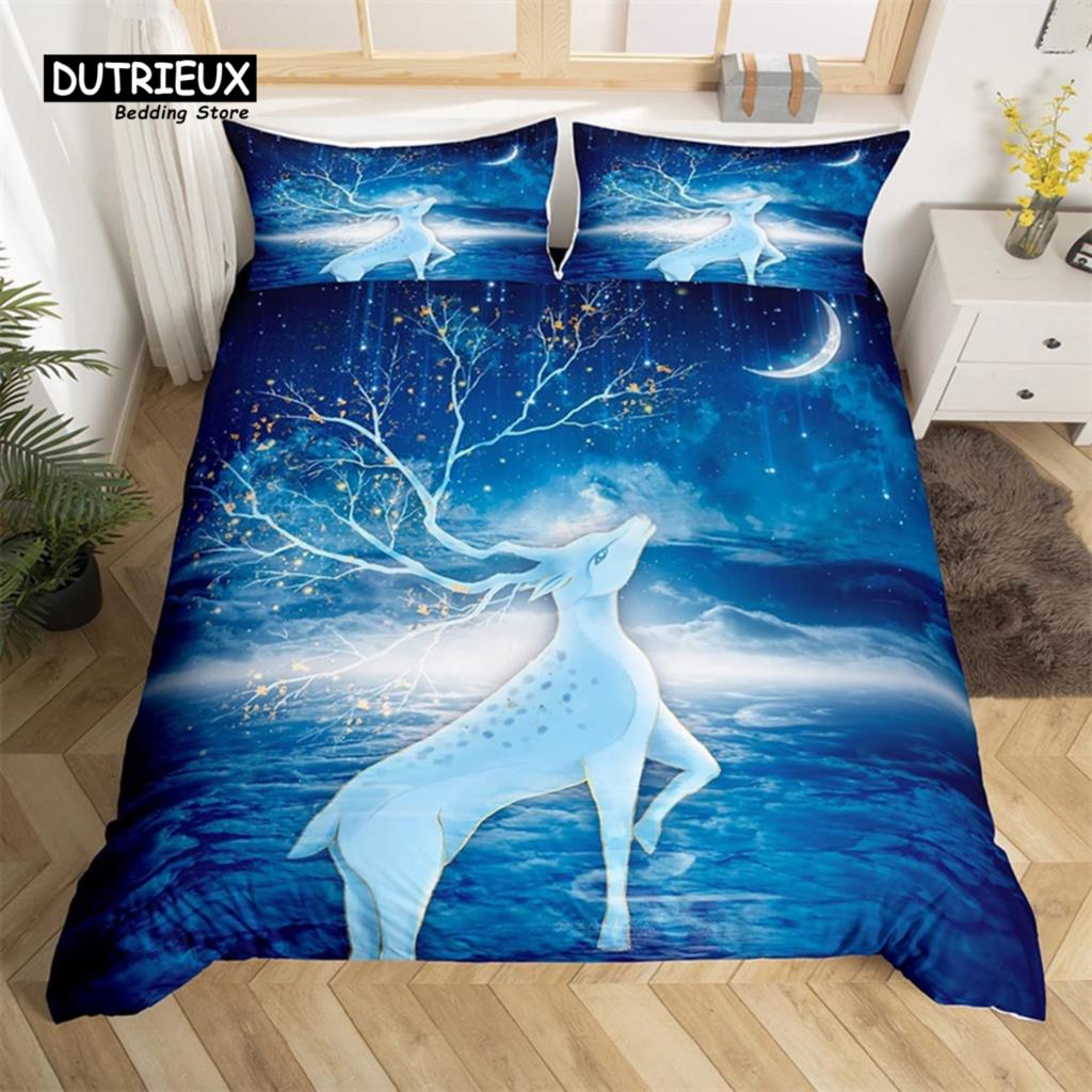 Deer Animal Duvet Cover Set Twin Queen Size Butterfly Flowers Bedding Set Microfiber Moon Galaxy Comforter Cover For Girls Teens