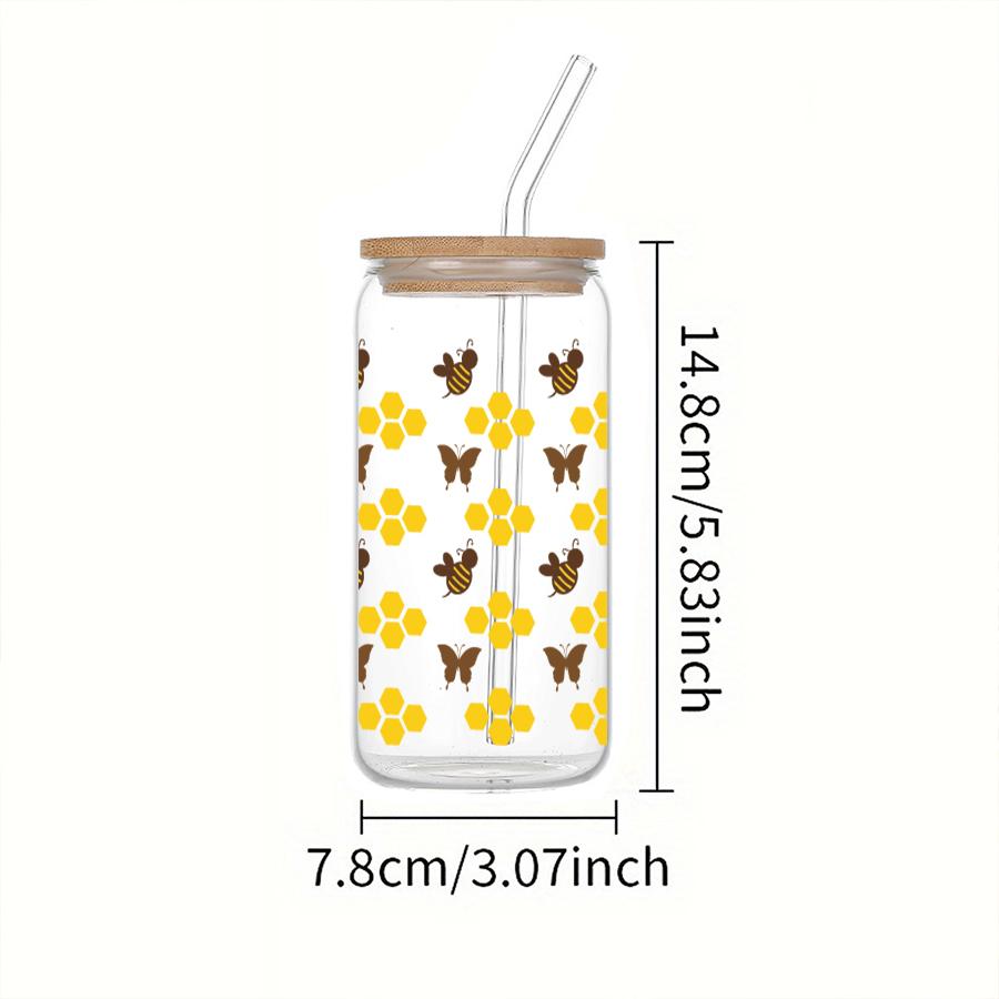 3D-Druck Goldenes Waben Bienen Schmetterlingsmuster Sublimation Glas Trinkhalm Saftglas Flasche mit Bambusdeckel zum Verschenken