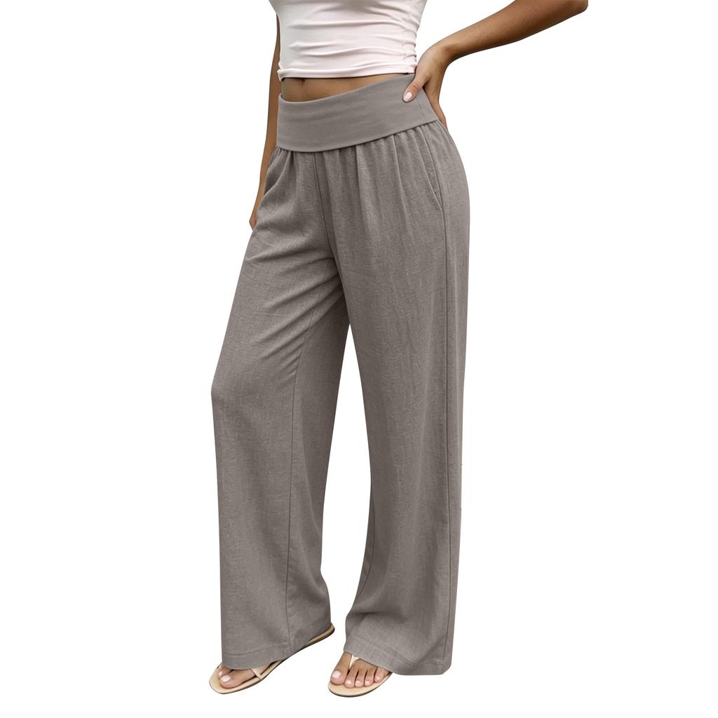 Women Loose Fit Wide Leg Pants Casual Cotton Linen High Elastic Waist Long Trousers with Pockets for Everyday Wear