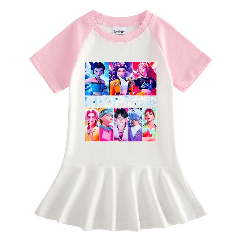 Kpop Witcher Girls Cartoon Pleated Short-Sleeve Summer Dress for Kids