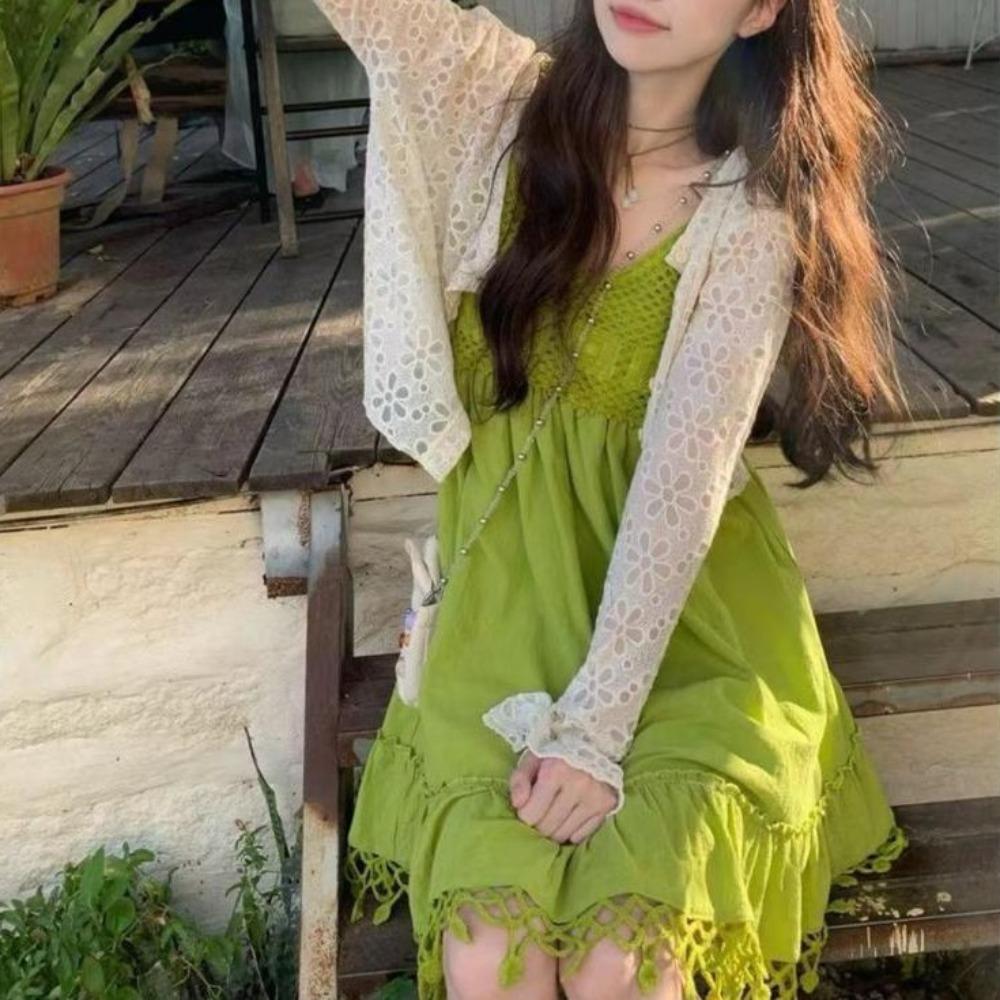 

Lace-up Sleeveless Dress Tassel Beach Vacation Sundress Fashion Loose Long Skirt for Girls XL-Short