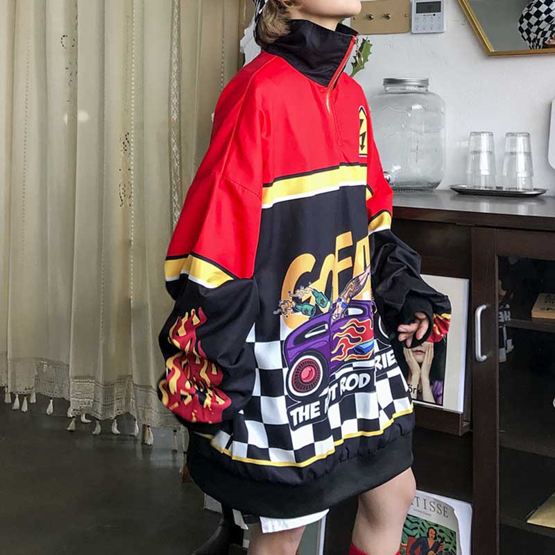 Women Jacket Trendy Tops New Harajuku Style Flame Printing Loose Sweatshirt Casual Oversize Hoodies Hip-hop Fashion