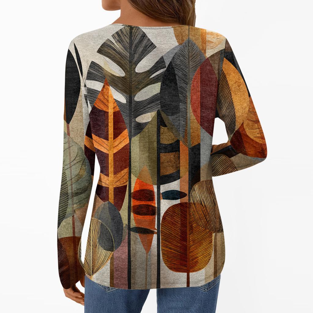 Women's Casual Fashion Brushed Retro Floral Print Long Sleeve V-Neck Top T-Shirt