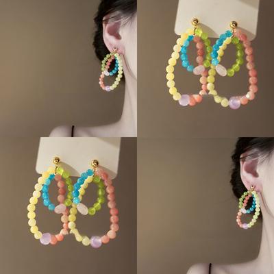 Color Matching Colored Stone Beaded Circle Earrings Fashionable Versatile Dopamine Stud Earrings Exquisite Temperament High-end Earrings