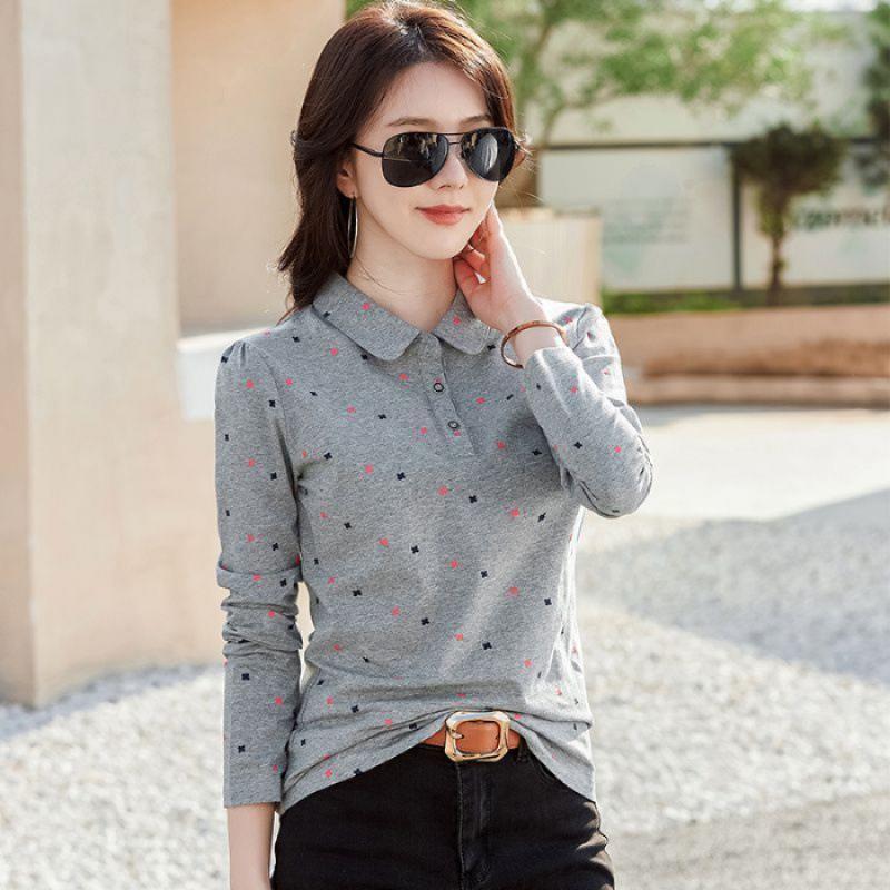 Women's Polo Neck Long Sleeve Regular Fit Top Casual Floral Print Button Down T-Shirt