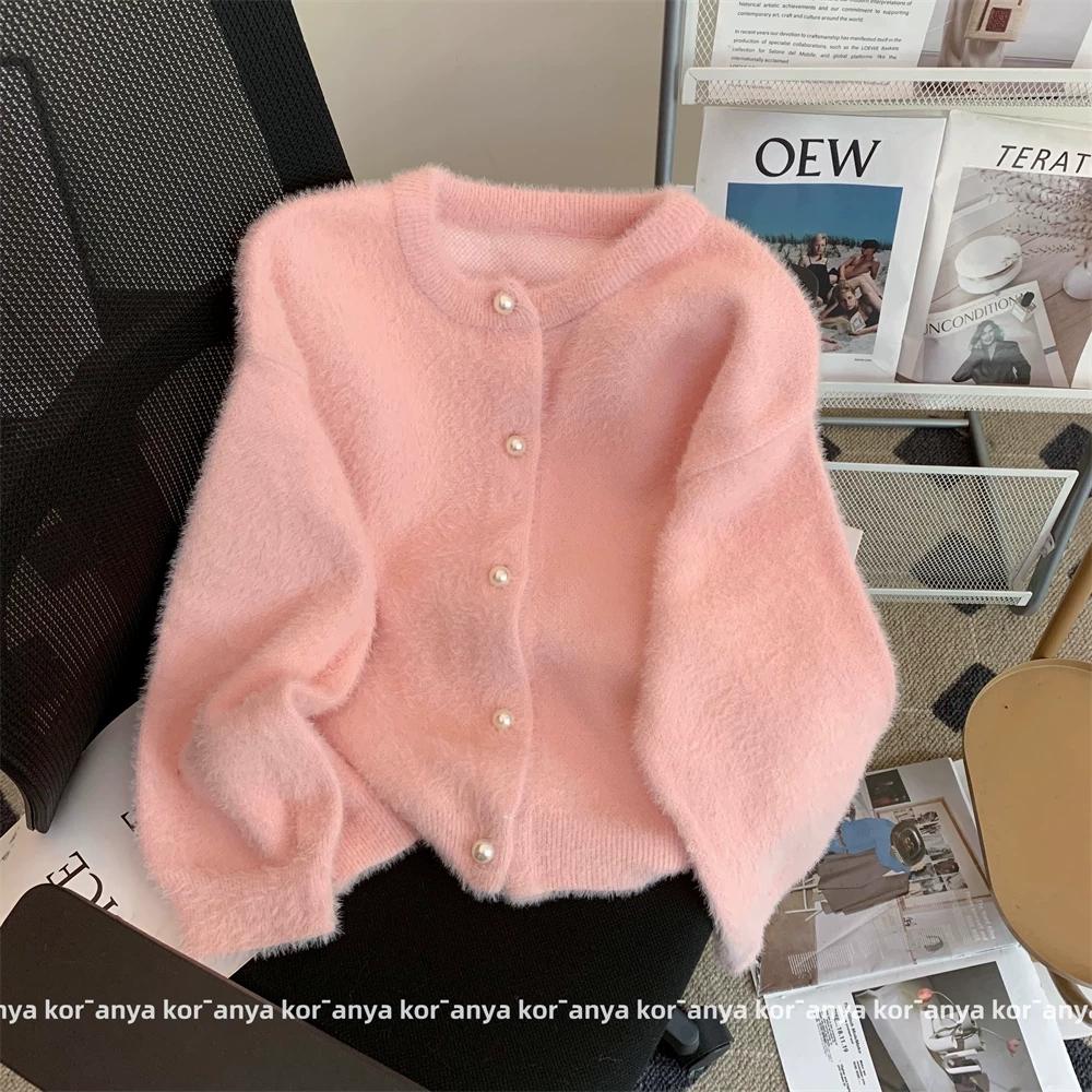 

Mint Green Mink Velvet Gentle Lazy Soft Glutinous Knitting Cardigan S розовый