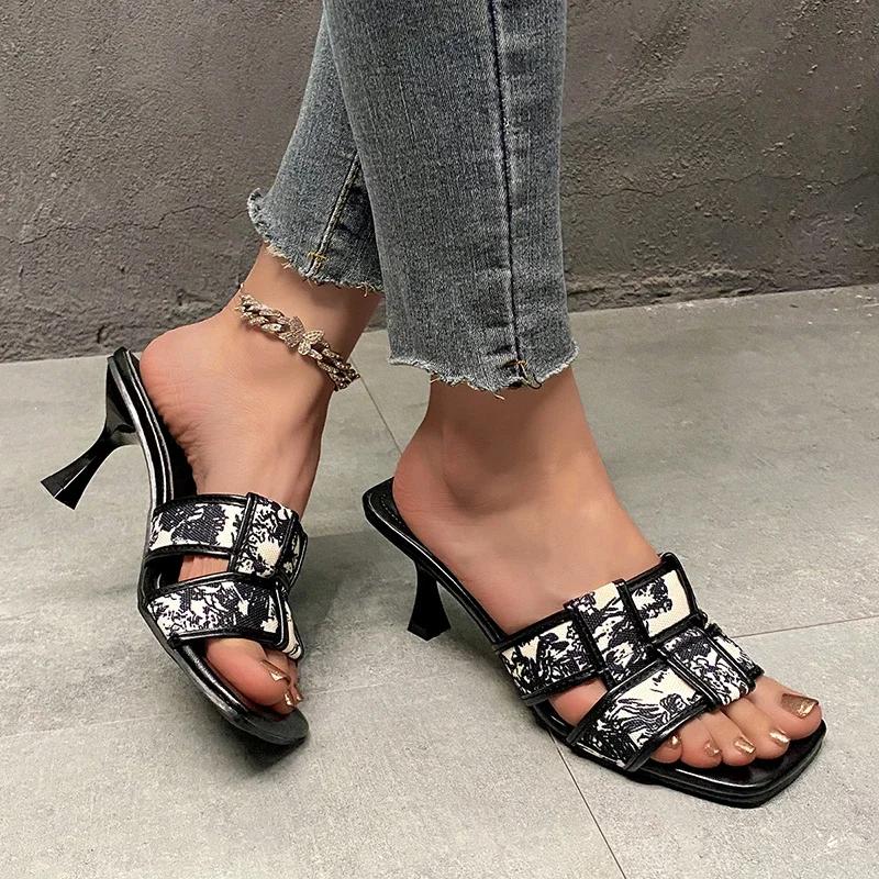 2024 New Brand Summer High Heel Women Slippers Fashion Square Toe Slip On Slides Ladies Elegant Party Dress Sandalias