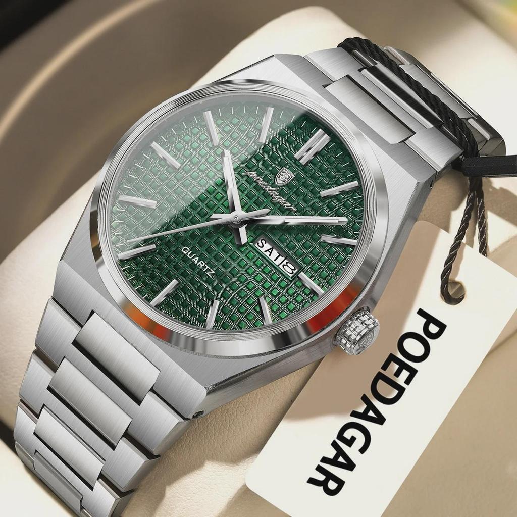POEDAGAR Luxury Men Watch Date Week Waterproof Luminous Stainless Steel Watch For Man Casual Quartz Men's Watches