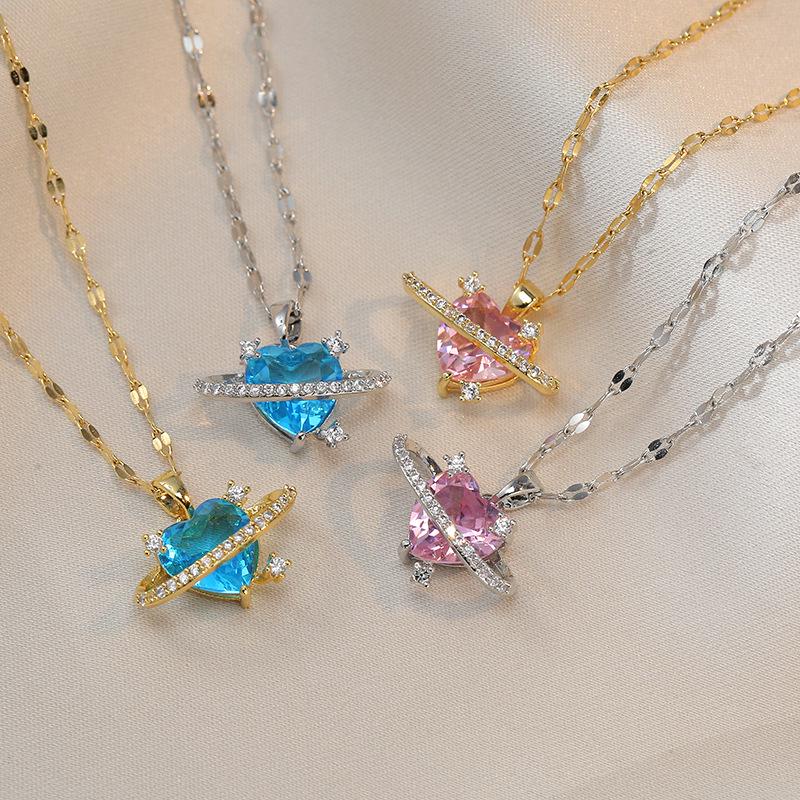 

Women s Fashion Heart Planet Necklace – Diamond Inlaid Heart Pendant on Clavicle Chain