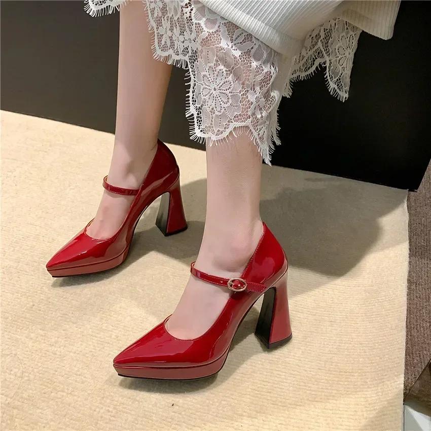 Women Platform Mary Janes Pointed Toe High Chunky Heels Pumps Office Party Dress Wedding Red White Ladies Patent Leather Elegant