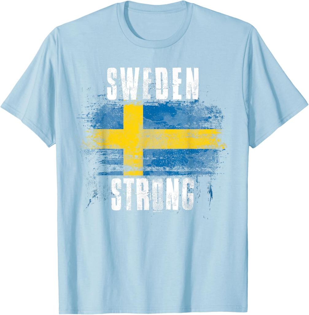 Sweden Strong Distressed Flag Swedish Pride TShirt Short Sleeve Casual Cotton Shirt