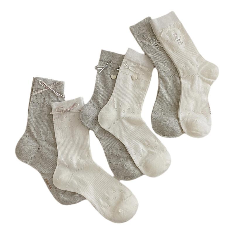 Grayish-white Socks, Women's Bow Mid-calf Socks, Summer Thin Mesh Hollowed-out Solid Color Versatile Pile Socks