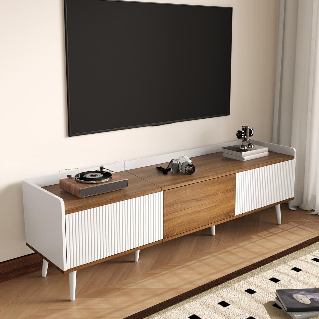 TV cabinet, three-door base cabinet. Compact construction. White and natural wood finish. Height 49.5 cm / Length 160 cm / Width 39 cm