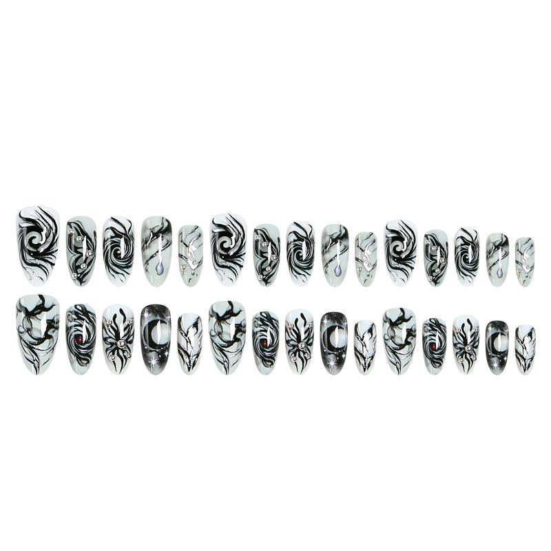 European And American Halloween Wear Nails Black And White Smudged Swirl Star And Moon Metal Almond Handmade Fake Nails