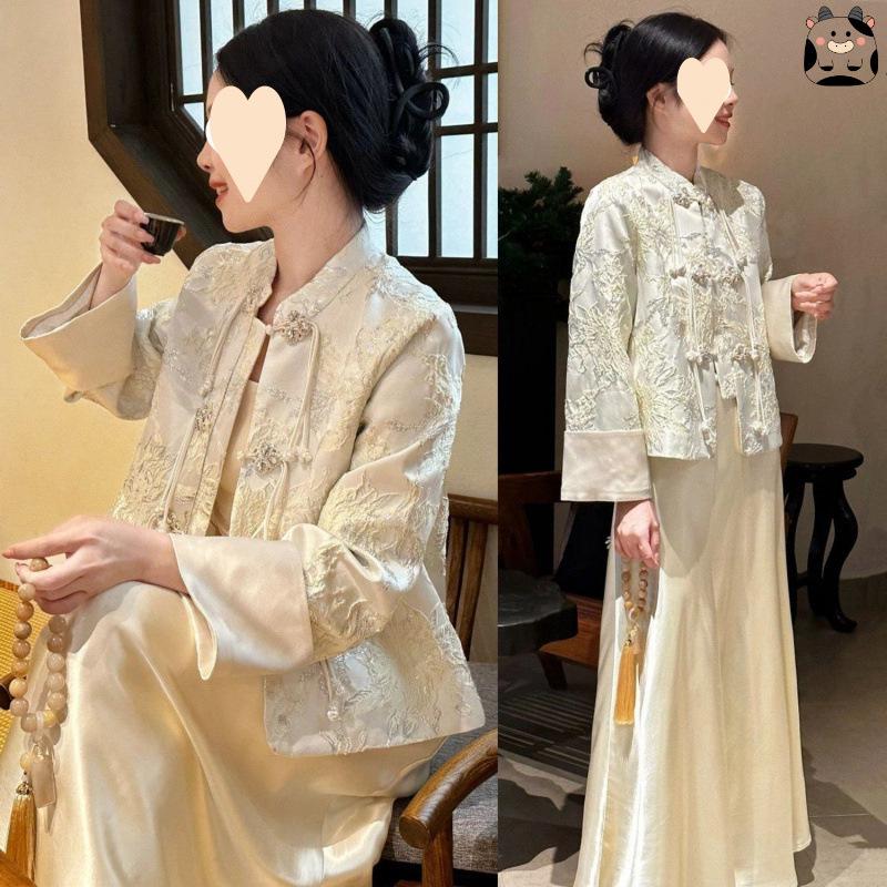 Plus Size Women's Luxury Tang Suit: Satin Frog Button Jacket & Skirt Set