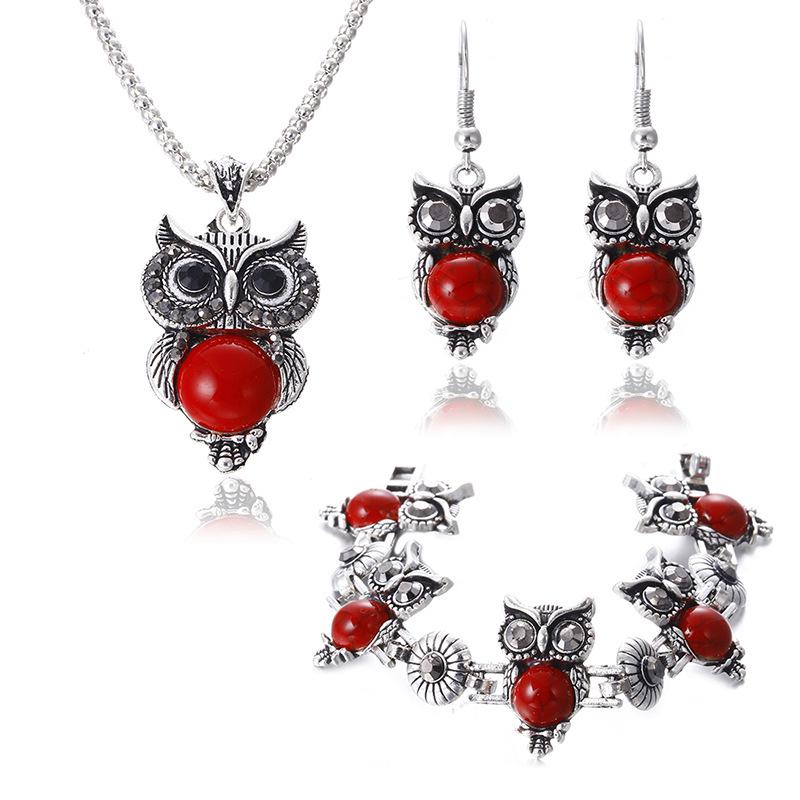 Metal Owl Turquoise Jewelry Set: Necklace, Earrings, and Bracelet - European & American Fashion
