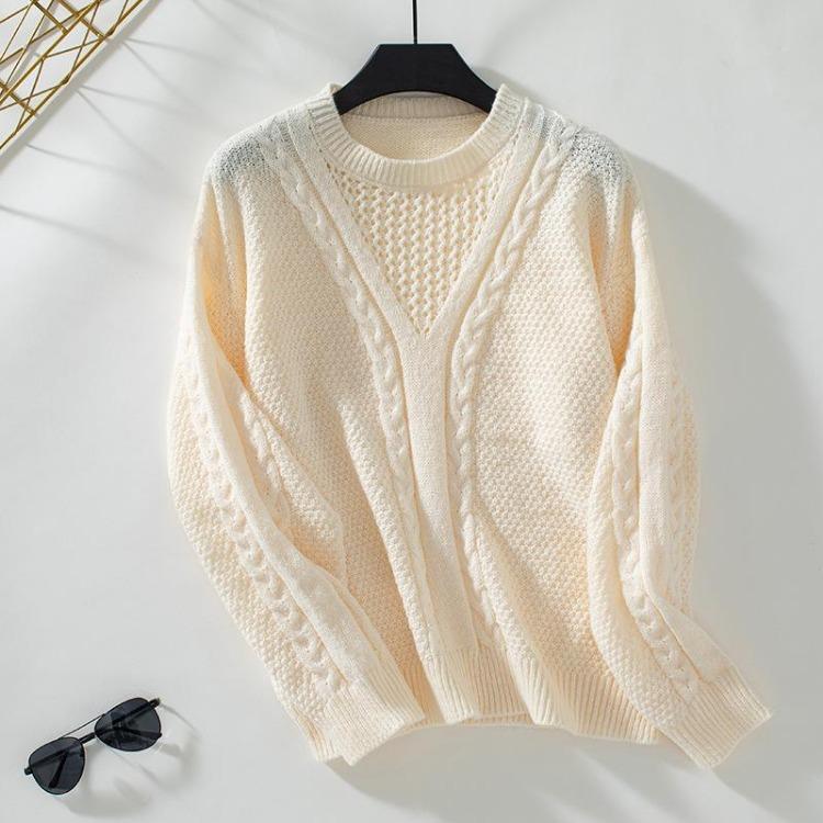 Autumn Winter Vintage Loose Knitwear Pullover Sweater Long Sleeve Solid Color Top O Neck