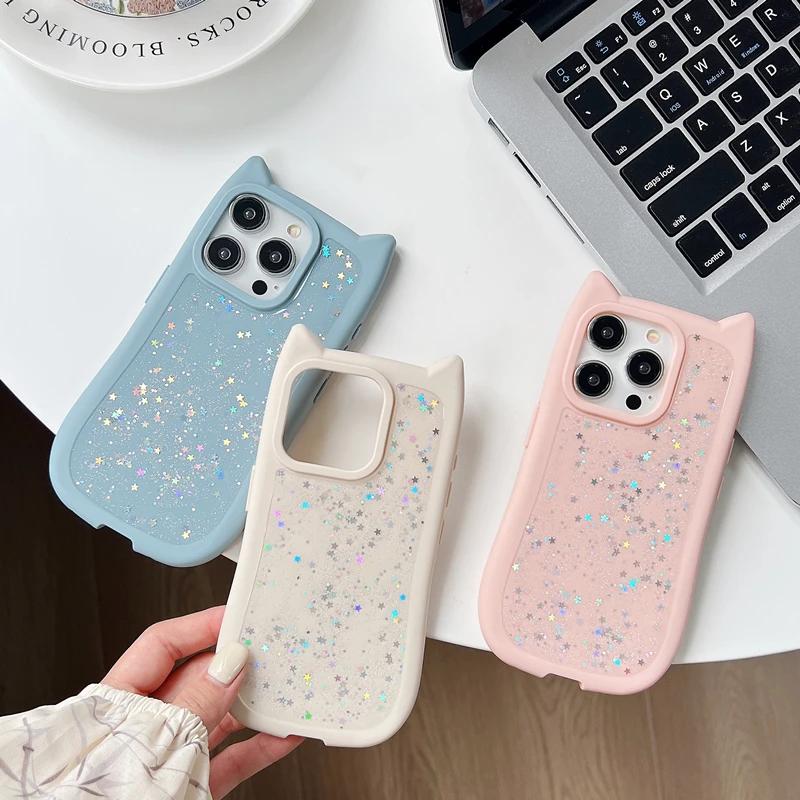 Girl Glitter Soft Silicone Cute Cat Ear Phone Case for iPhone 11 12 13 14 15 Pro Max Shockproof Hard Acrylic Bumper Back Cover