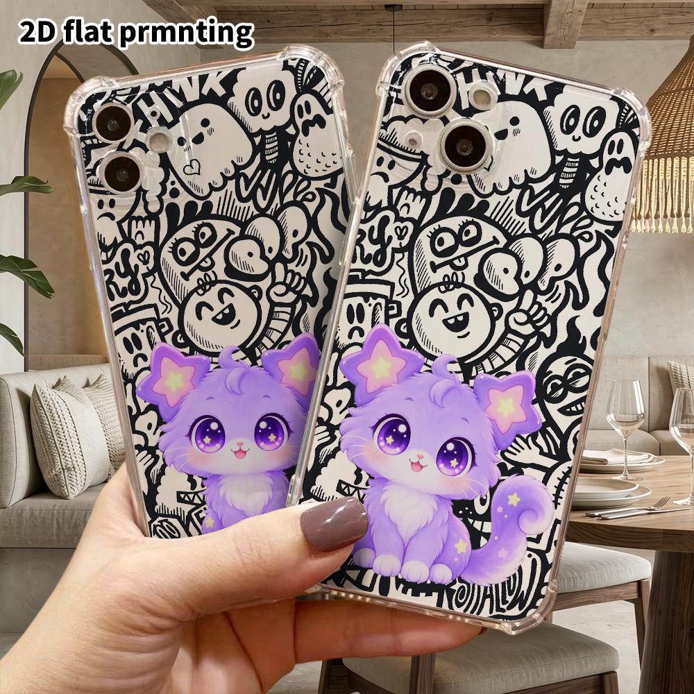 Phone Case: 2D Flat Suitable for iPhone 18 17 16 15 14 13 Pro, Transparent Four Corner Protective Case, Star Eared Kitten, Christmas and Halloween Gif