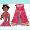 Encantador Vestido Vermelho Rosado de Fantasia da Princesa Jasmine de Aladdin com Capa Elegante para Crianças