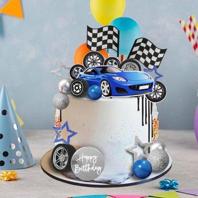 Race Cake Toppers,Checkered Flag Party Favor,Man Boy Blue Car,Birthday Decorations for