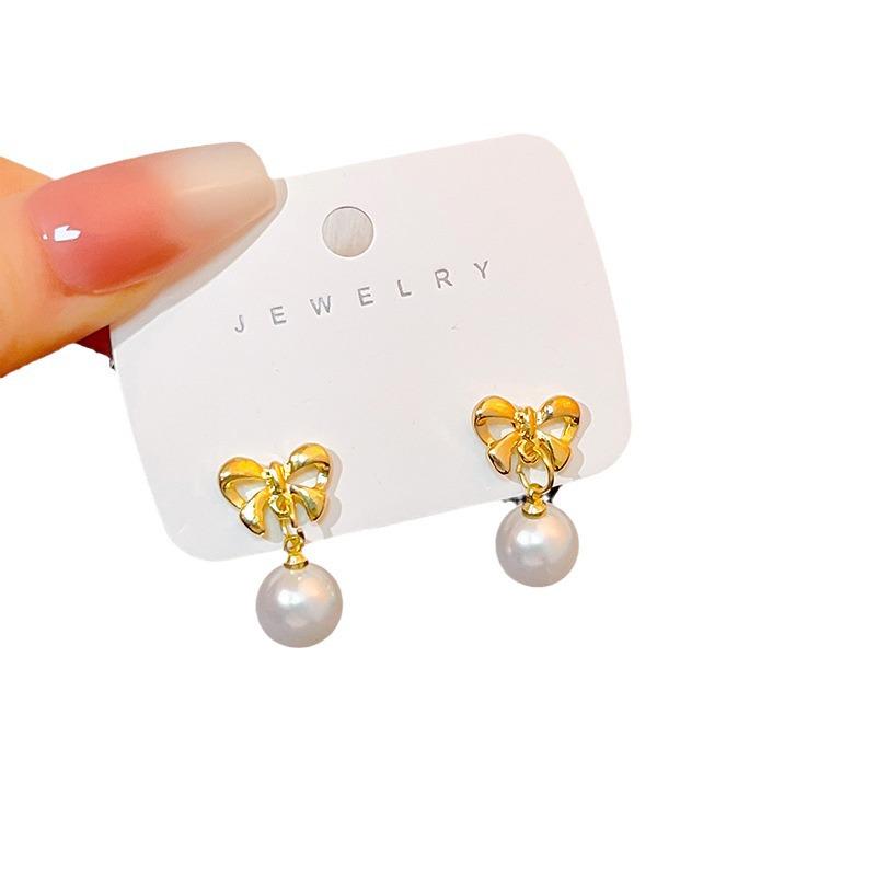 Gold Plated Korean Bow Earrings with Bright Pearl