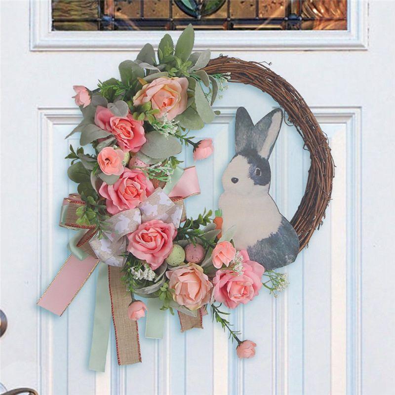 AEE4-Easter Wreath For Front Door Decoration Easter Egg Bunny Flower Garland For Front Door Art Decor Spring Door Wall Window