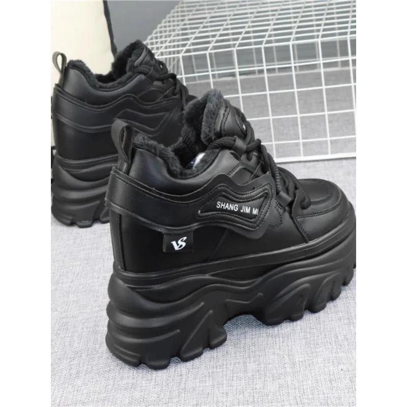 Fashion Retro Genuine Leather Ladies Designer Sneakers Outdoor Casual Thick Bottom Women Vulcanized Shoes 12CM Winter Popular