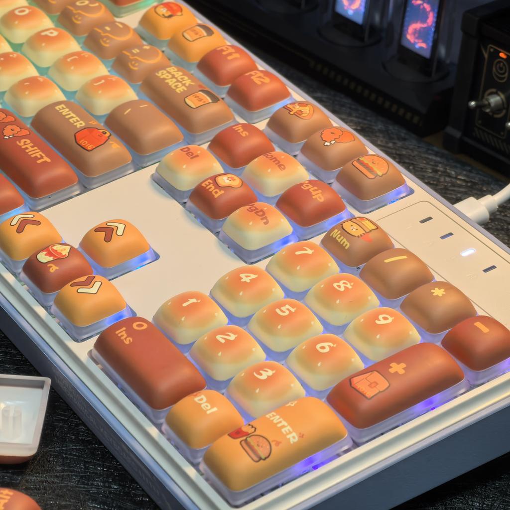 Cute MOG Bread Keycap 125 Keys PBT+PC Hamburger Fries Ice Cream Fast Food Theme Keycaps Orange Red Round Mantou Keyboard Caps