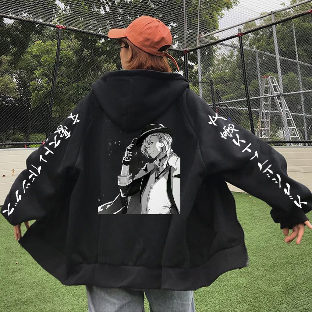AnimeNakahara Chuuya Bungo Stray Dogs Zipper Hoodies Manga Graphic Oversized Sweatshirts Men Gift Thick Warm Zip-up Jacket Coats