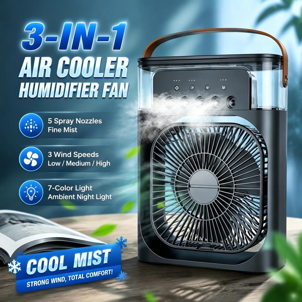 Three-in-one Fan Air Conditioner LED Light Portable Humidifier Air Conditioner Fan 3/4 Wind Speed Outdoor Travel Water Spray Fan