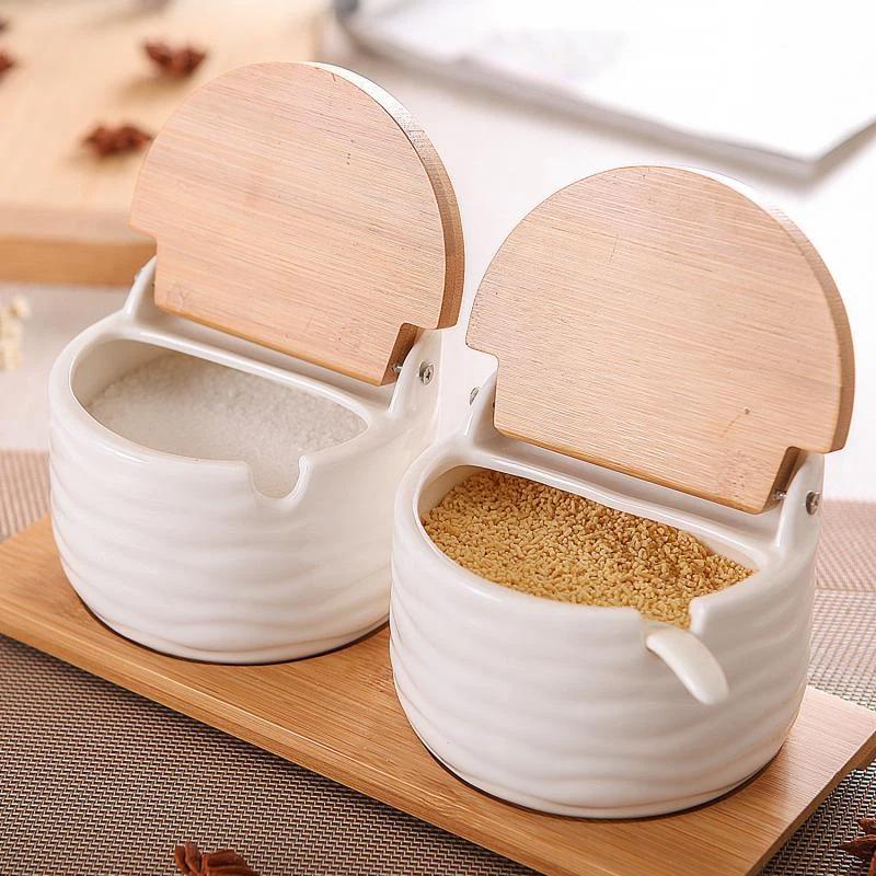 Simple Ceramic Seasoning Jar Bamboo Lid Spice Jar With Spoon Kitchen Sugar Salt Spices Storage Box Household Container
