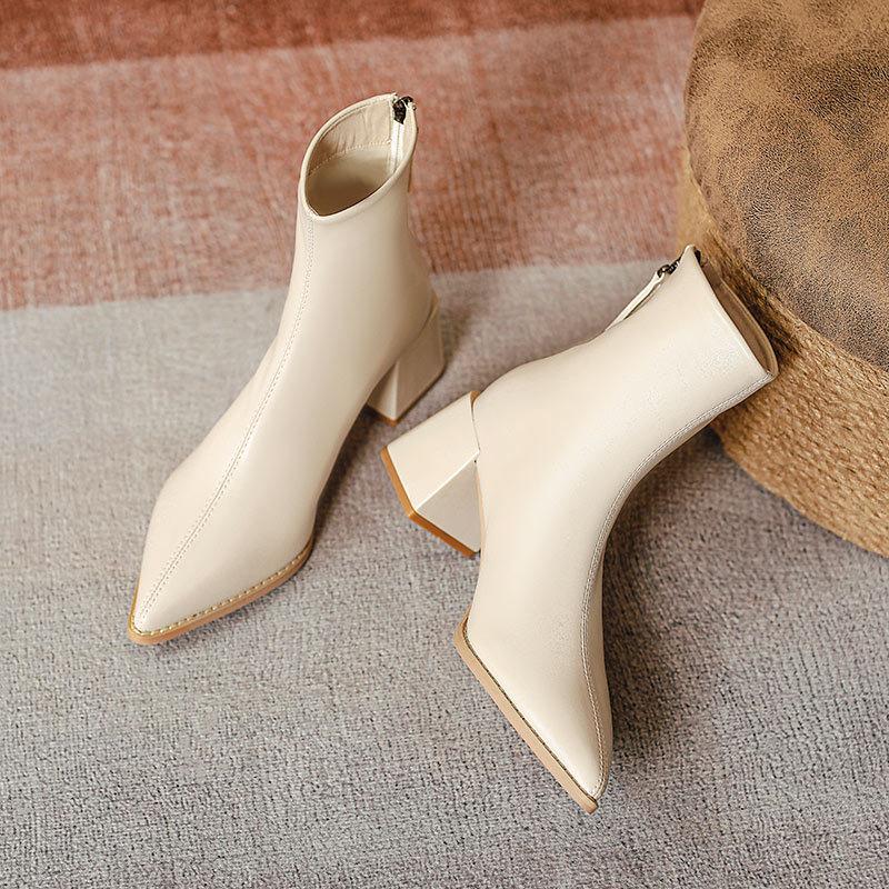 Coarse Heel Short Boots Women's Medium Heel Soft Leather Rear Zipper Medium Tube Fashion Boots 2025 New Women's Boots Pointed Thin Boots