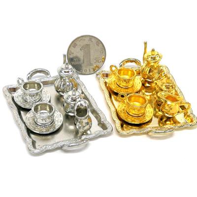 10Pcs 1: 12 Dollhouse Furniture Miniature Dining Ware Metal Tea Cup Plate Set