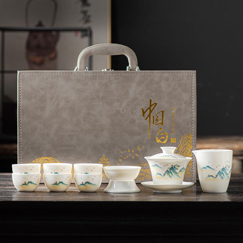 Elegant Jade White Porcelain Gongfu Tea Set - Luxury Portable Gift for Business Events