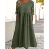Summer Casual Short Sleeve Women Pocket Long Dress Fashion Elegant Plus Size Pleated Loose Crew Neck A-line Party Dresses Office Women Clothing