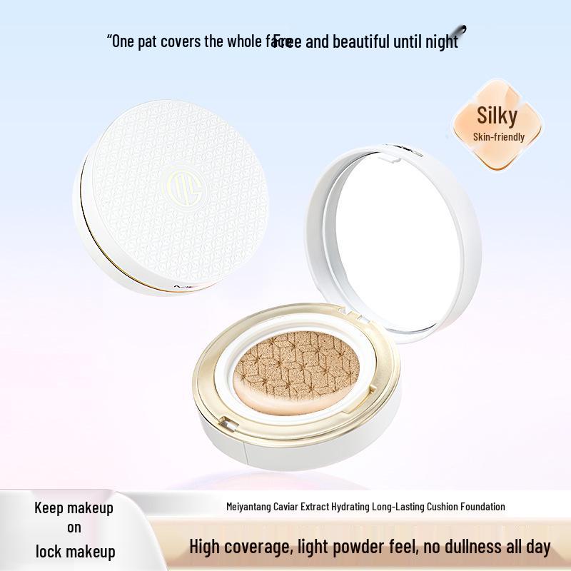 Meiyan Tang Caviar Cushion Foundation: Long-Lasting, Nourishing, Watery Coverage with No Darkening Setting Powder.