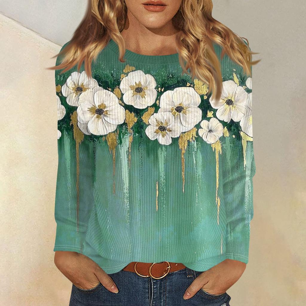 Bluzki z długim rękawem dla kobiet T-shirt Casual Print Tops T-shirt Okrągły dekolt Bluzka typu pullover