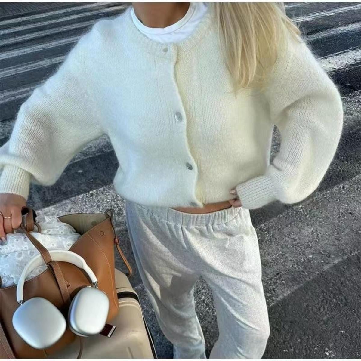 JR-Studio Kleurrijke gebreide cardigan voor dames, Europees en Amerikaans herfst- en winter effen kleur cardigan, Macaronkleurige trui cardigan voor dames S wit