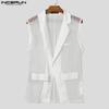 INCERUN Men Lapel Sleeveless Stitching One Button Striped See Through Waistcoats