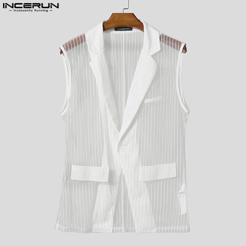 INCERUN Men Lapel Sleeveless Stitching One Button Striped See Through Waistcoats