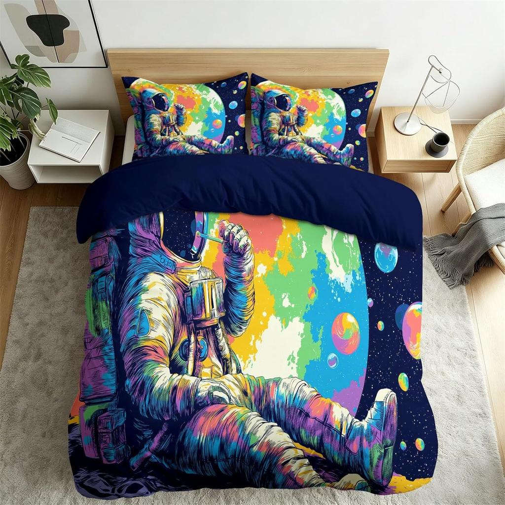 Cute Cartoon Astronaut Duvet Cover Set 2pcs,Queen Size Space Planet Printed Bedding Comforter Covers Set with Pillowcase 75*50cm